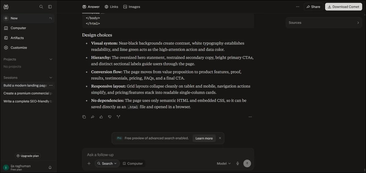 Perplexity Deep Research interface with source-backed results
